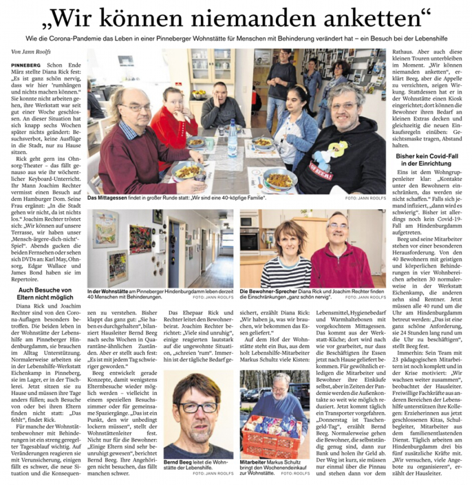 Artikel in der Barmstedter Zeitung vom 12.05.2020: "Wir können niemanden anketten" über die aktuelle Lage in der Pinneberger Wohnstätte für Menschen mit Behinderung