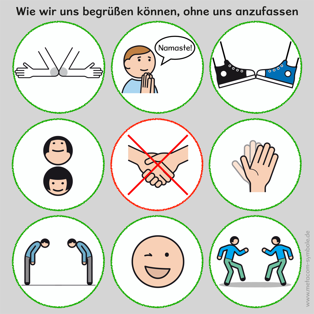 Ein Plakat mit 9 Ideen, wie wir uns begrüßen können, ohne uns azunfassen