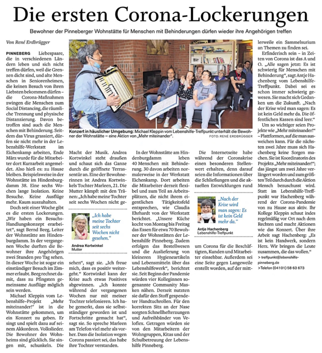 Pinneberger Tageblatt vom 19.5.2020: Die ersten Corona-Lockerungen über Bewohner der Pinneberger Wohnstätte, die ihre Angehörigen wieder treffen dürfen