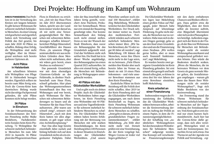 Artikel im Pinneberger Tageblatt vom 8.6.2020: Drei Projekte: Hoffnung im Kampf um Wohnraum