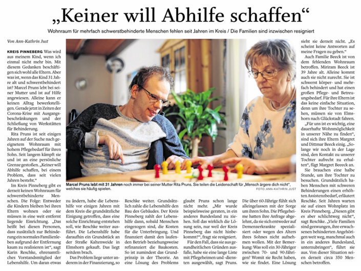 Artikel aus dem Pinneberger Tageblatt vom 8.6.2020 über fehlenden Wohnraum für mehrfach Schwerstbehinderte Menschen im Kreis Pinneberg