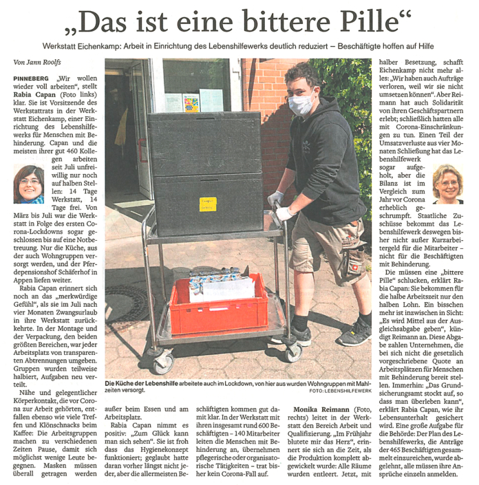 Artikel im Pinneberger Tageblatt vom 12.1.2021 "Das ist eine bittere Pille" über die reduzierte Arbeit im Lebenshilfewerk Pinneberg